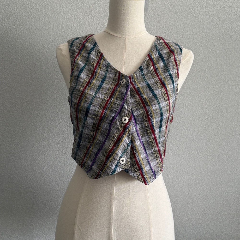 Y2K Reversible Plaid Cropped Vest Multicolor Button Front